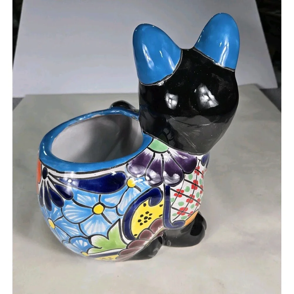 Talavera Cat PlanterMexican Pottery Art Hand Painted Pot 8.5